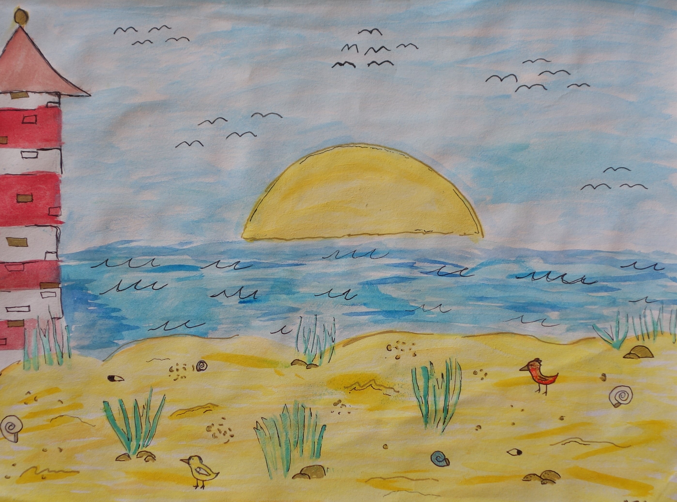 Children's art work depicting beach scene; for decorative purposes.